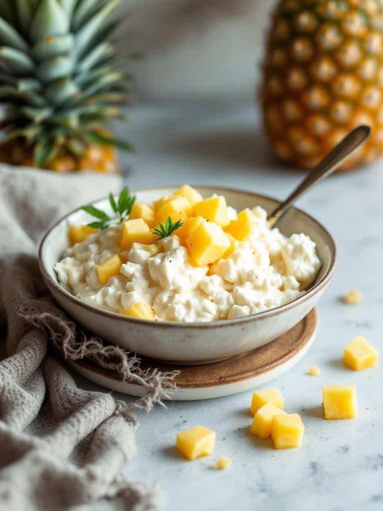 A bowl of cottage cheese topped with pineapple chunks, with a pineapple in the background.