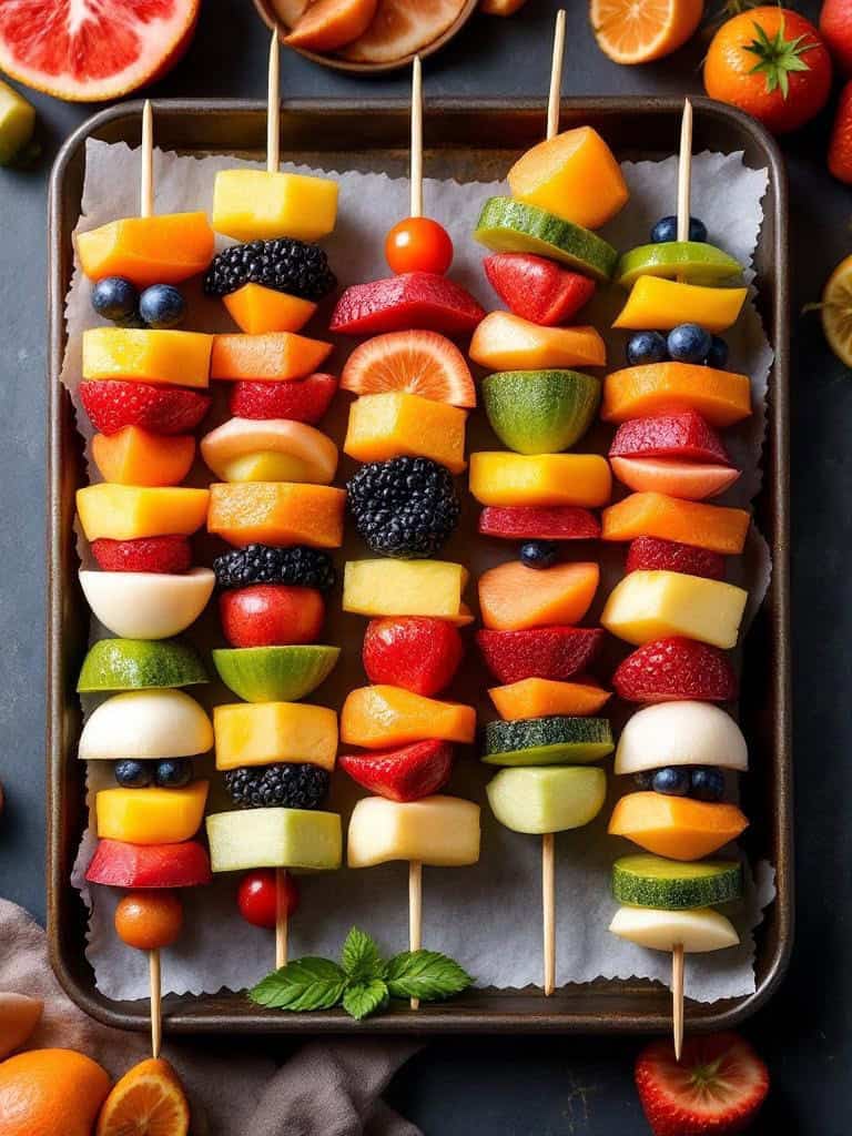 Colorful fruit skewers with various fruits on wooden sticks.