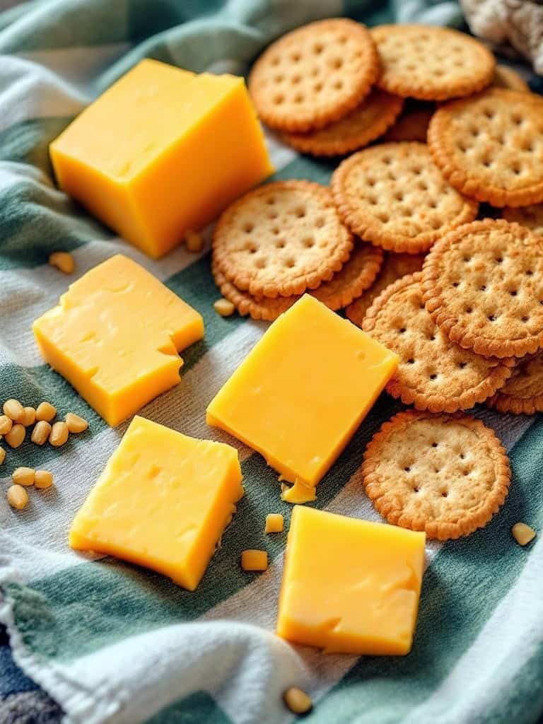 Cheddar cheese cubes next to round crackers on a striped cloth.