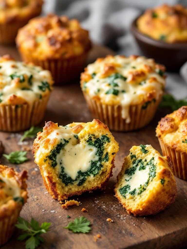 Savory muffins with cheese and spinach on a rustic wooden table