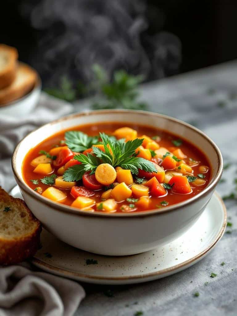 A bowl of colorful minestrone soup with fresh herbs and a slice of bread.