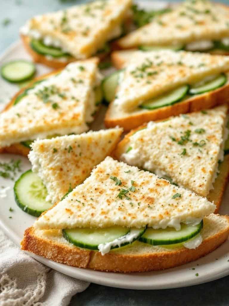Cucumber sandwiches with cream cheese on a plate, cut into triangles.