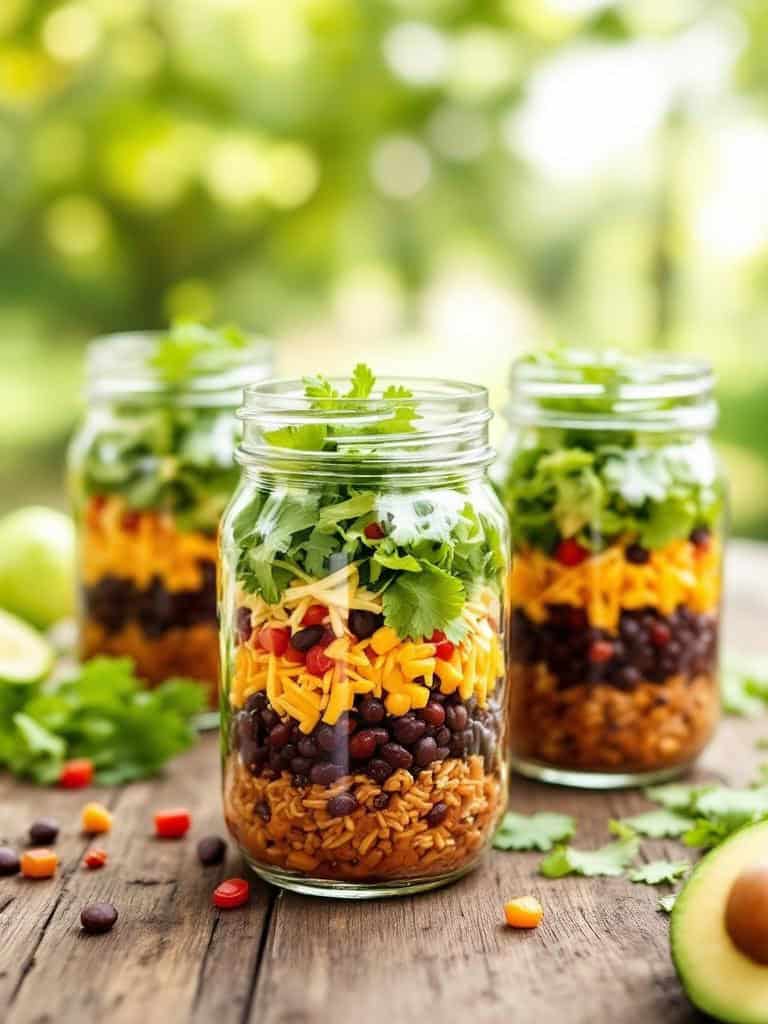 Colorful taco salad jars with layers of rice, beans, cheese, and vegetables.