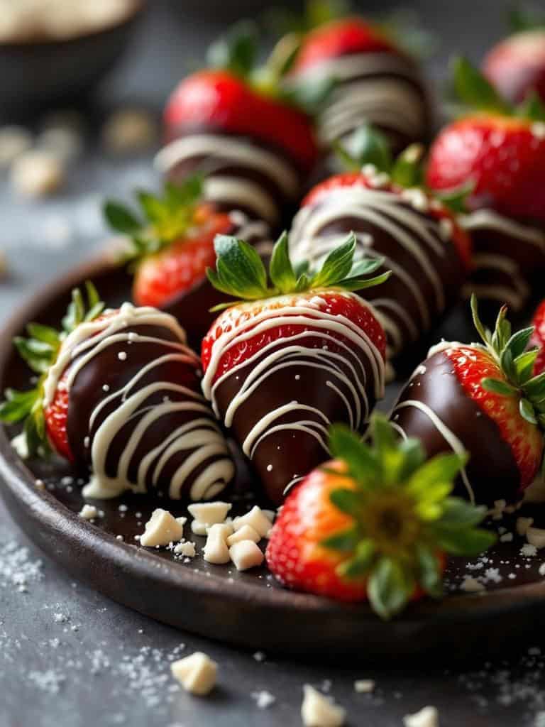 A plate of chocolate-dipped strawberries with white chocolate drizzle.