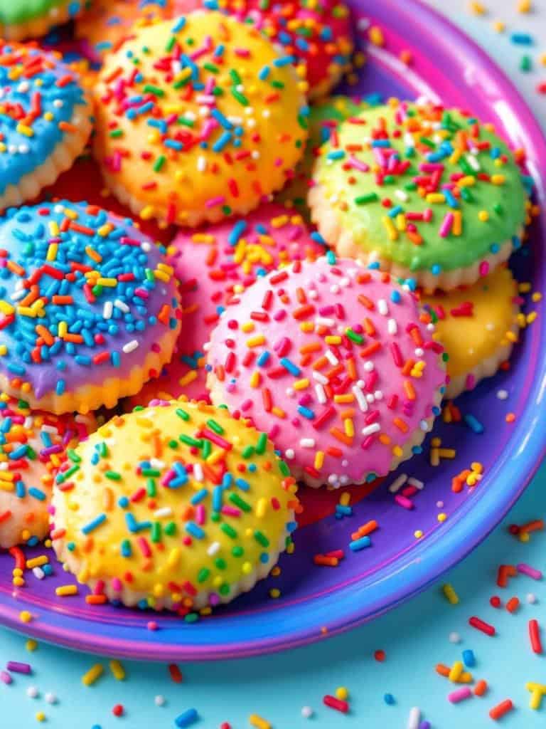 Colorful rainbow sprinkle cookies on a plate