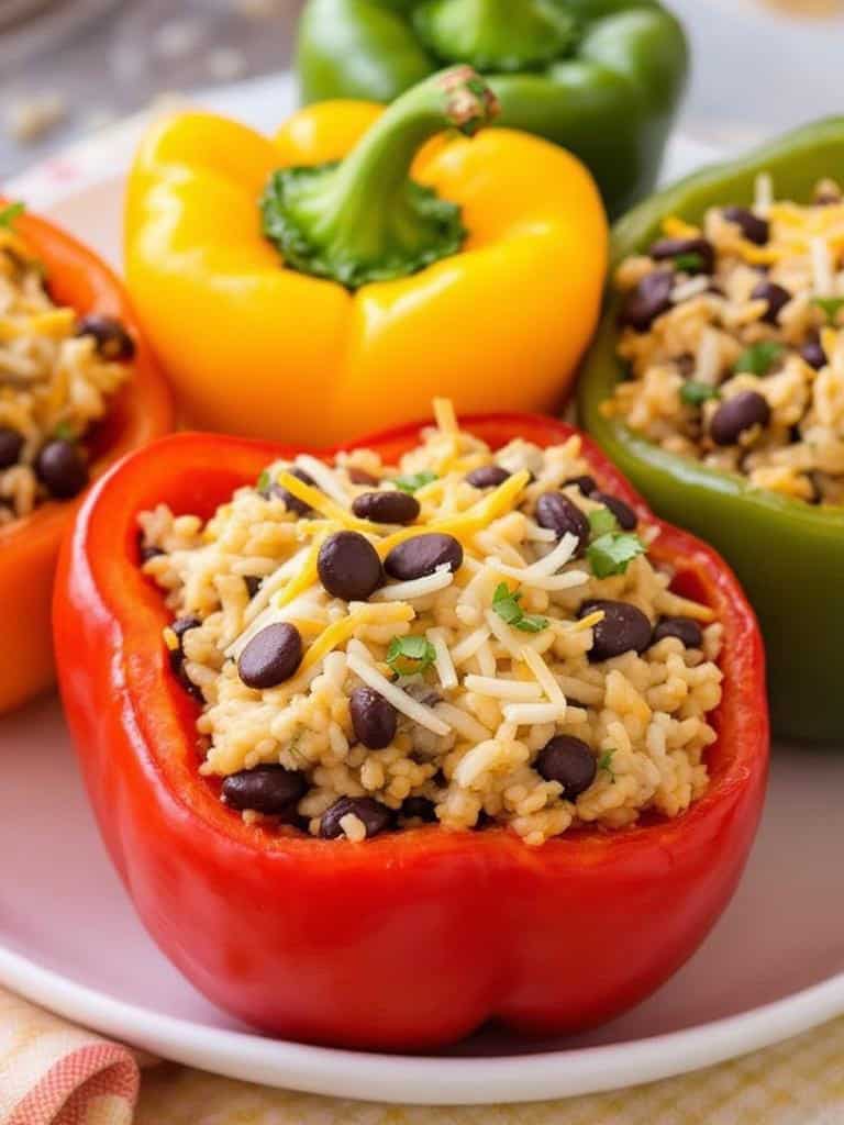 Colorful stuffed bell peppers filled with rice, beans, and cheese.
