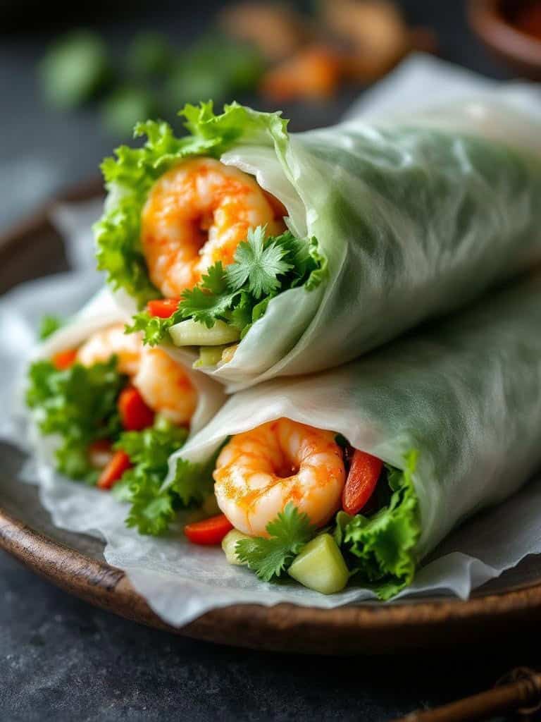 Rice paper rolls with shrimp, lettuce, and vegetables on a plate.