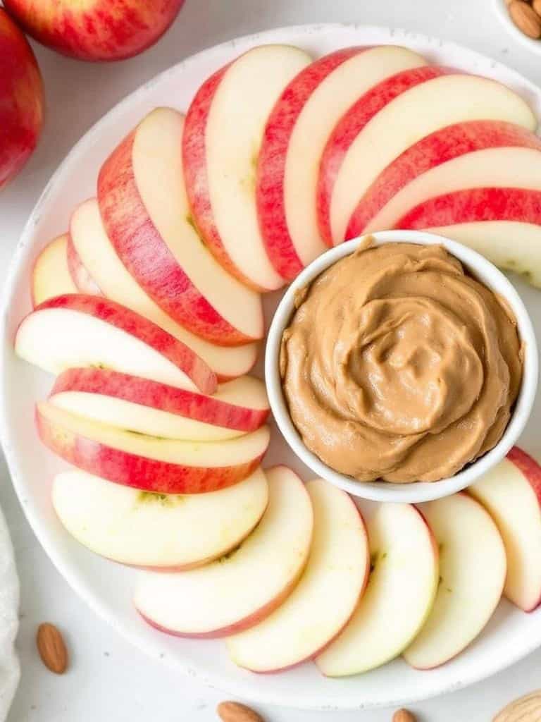 A plate of apple slices arranged around a bowl of almond butter.