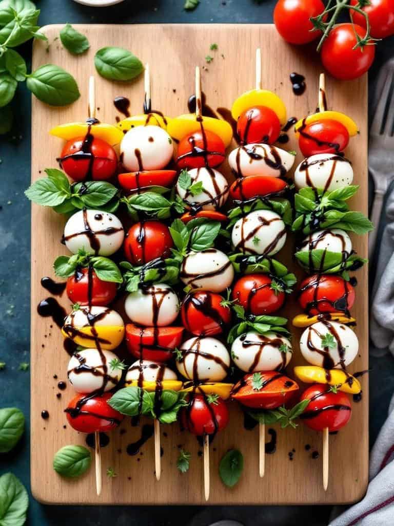 A wooden board with Caprese skewers featuring mozzarella, cherry tomatoes, and basil, drizzled with balsamic glaze.