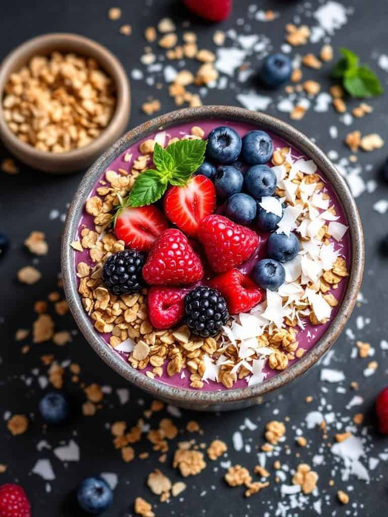 A smoothie bowl topped with strawberries, blueberries, raspberries, granola, and coconut flakes.