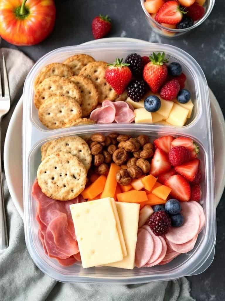 A lunchbox filled with crackers, deli meats, cheese, and strawberries.