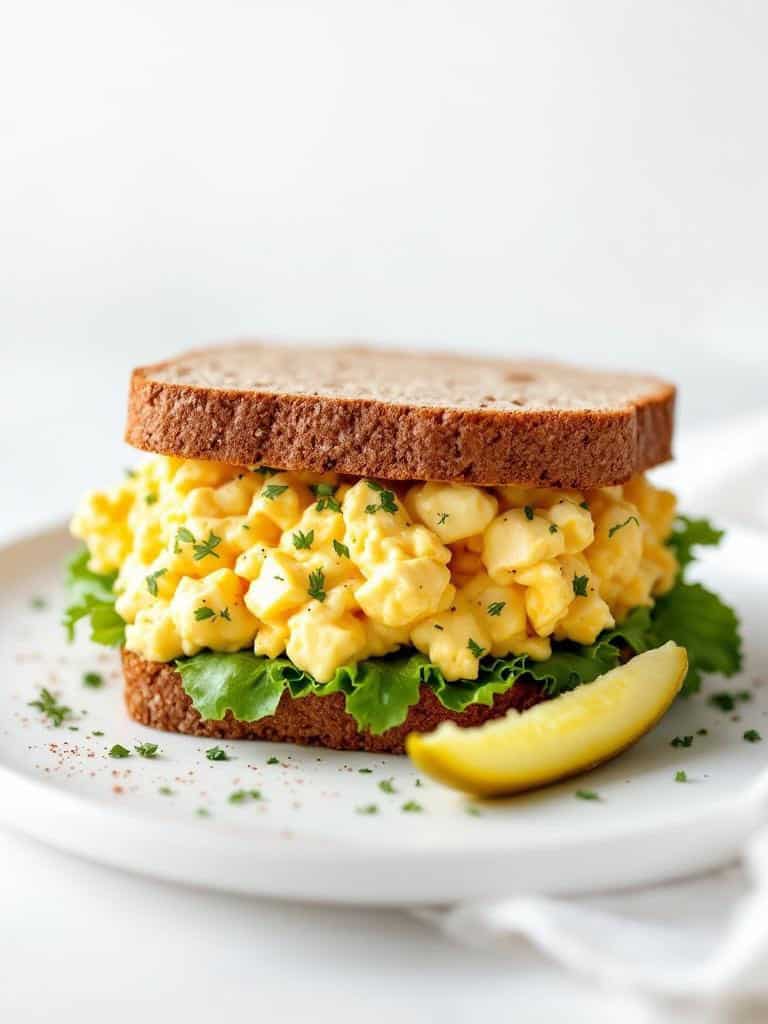 Egg salad sandwich on whole wheat bread with lettuce and a lemon slice.