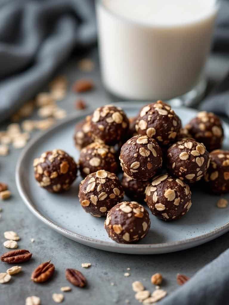 A plate of chocolate energy bites with oats and nuts, next to a glass of milk.