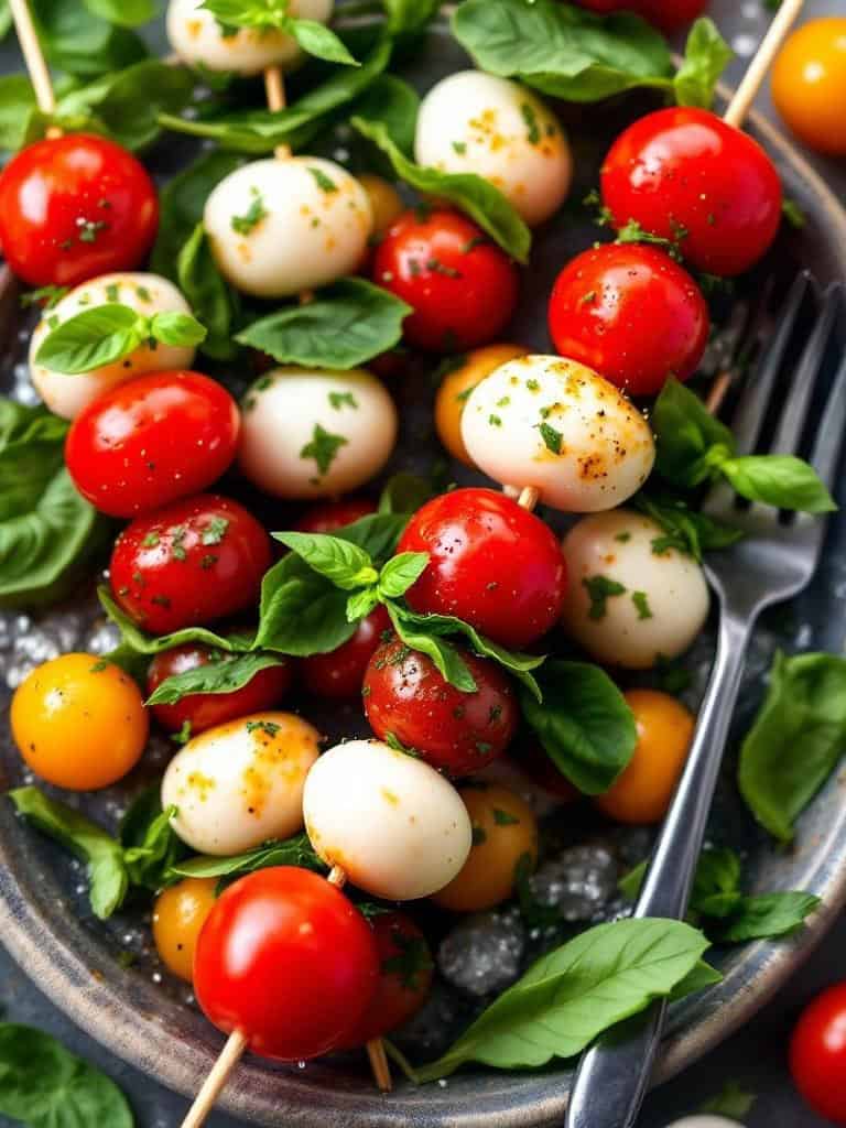 Colorful Caprese salad skewers with cherry tomatoes, mozzarella balls, and basil leaves.