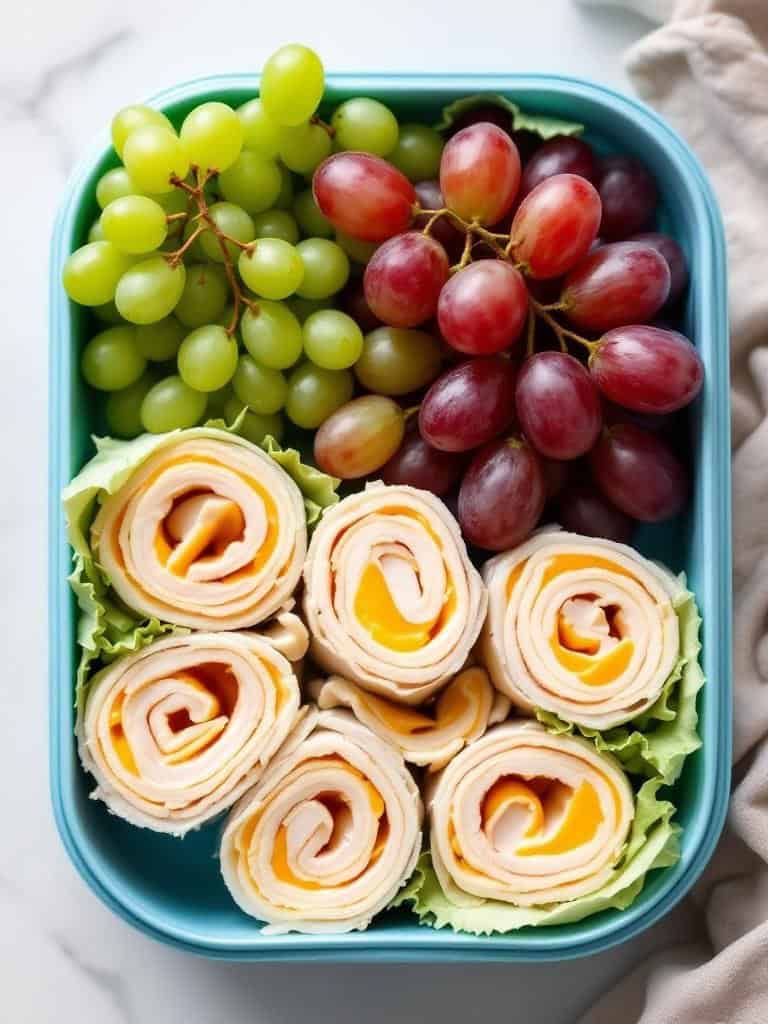 A lunchbox with mini turkey and cheese roll-ups, green and red grapes.