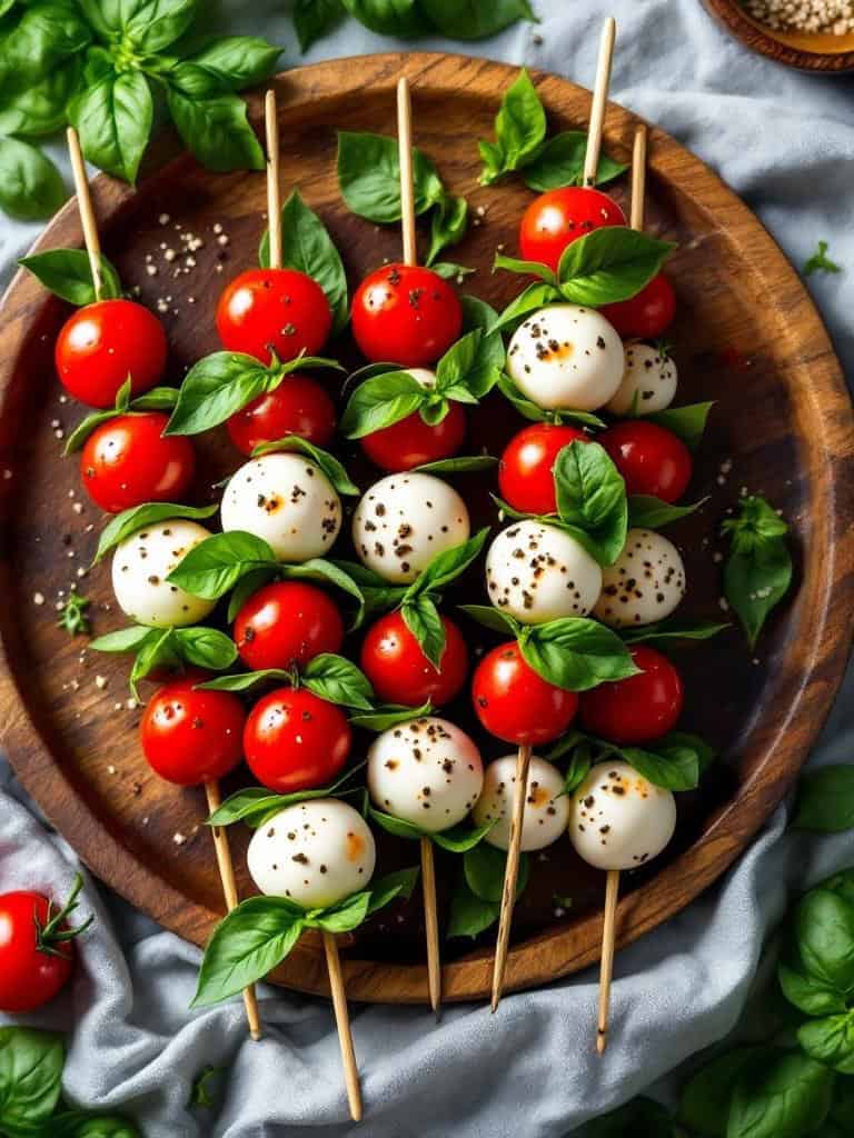 A wooden platter with Caprese salad skewers made of cherry tomatoes, mozzarella balls, and basil leaves.