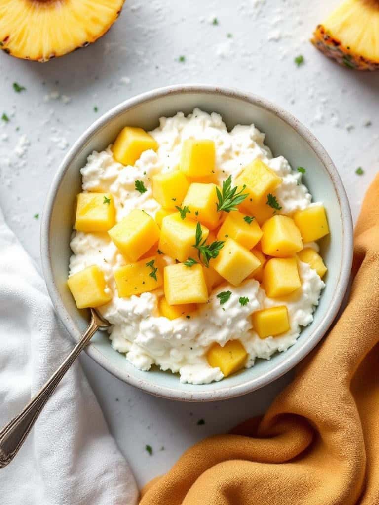A bowl of cottage cheese topped with pineapple chunks, garnished with a sprig of parsley.