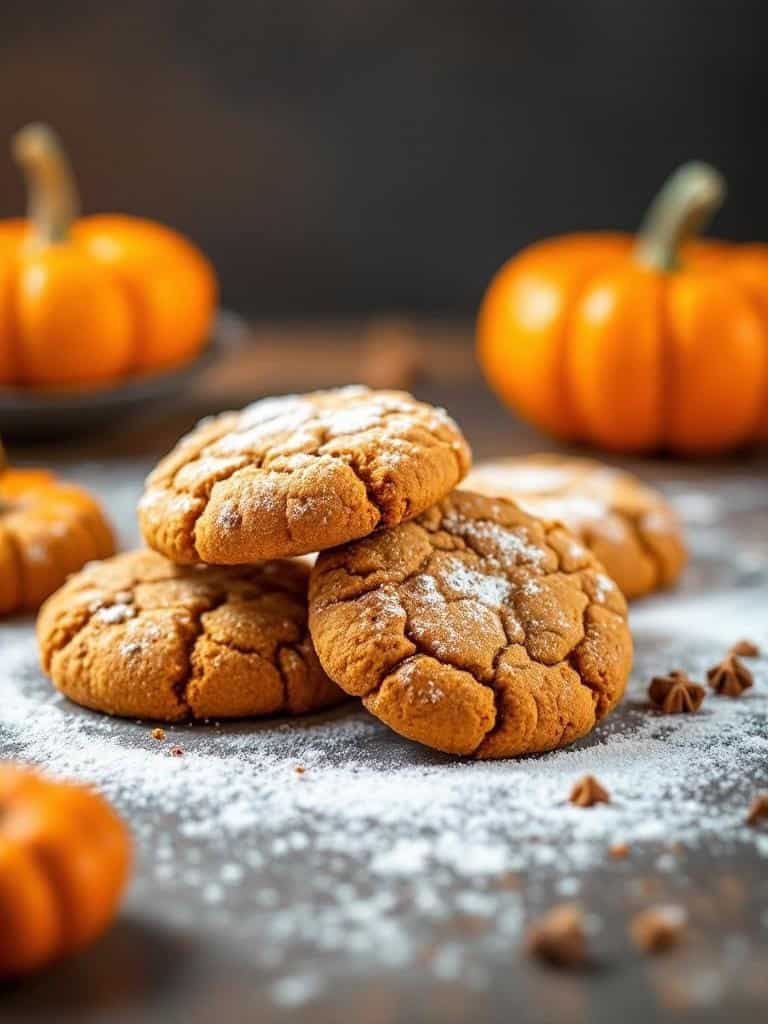 A stack of pumpkin spice cookies dusted with powdered sugar, surrounded by small pumpkins.
