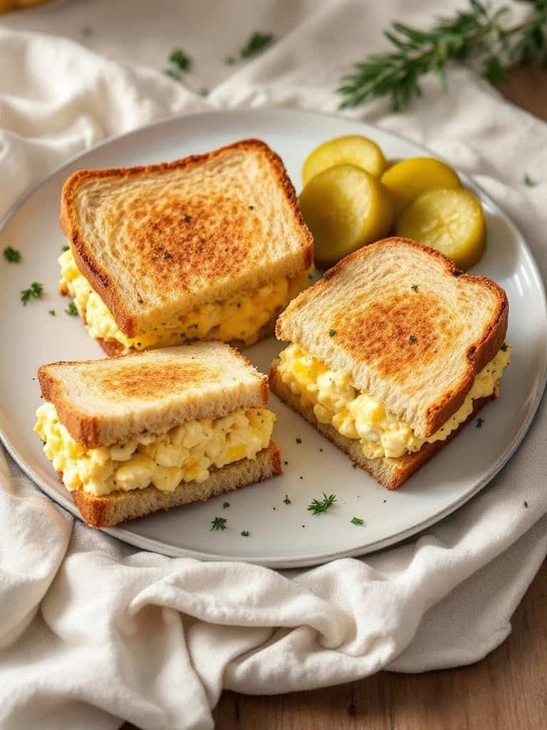 A plate of egg salad sandwiches with pickles on the side.