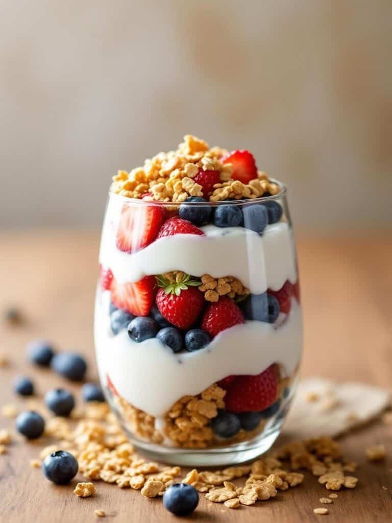 A delicious fruit and yogurt parfait with layers of yogurt, strawberries, blueberries, and granola.