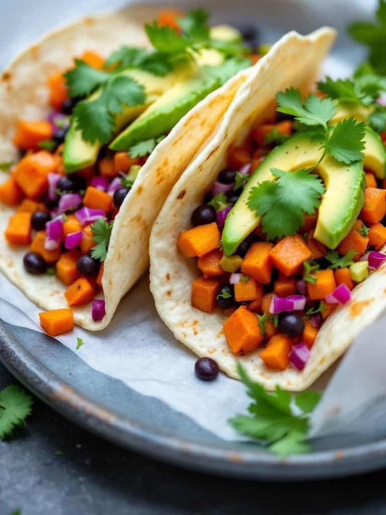Two tacos filled with sweet potatoes, black beans, and avocado, garnished with cilantro.