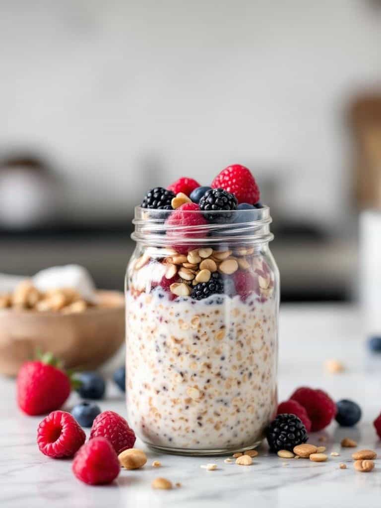A jar of overnight oats topped with berries and nuts.