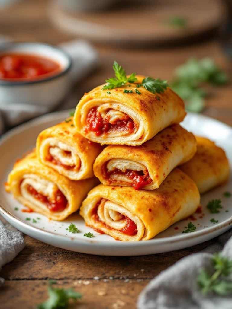 A plate of homemade pizza rolls stacked with marinara sauce on the side.