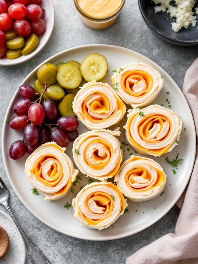 A plate of turkey and cheese pinwheels with grapes and pickles.