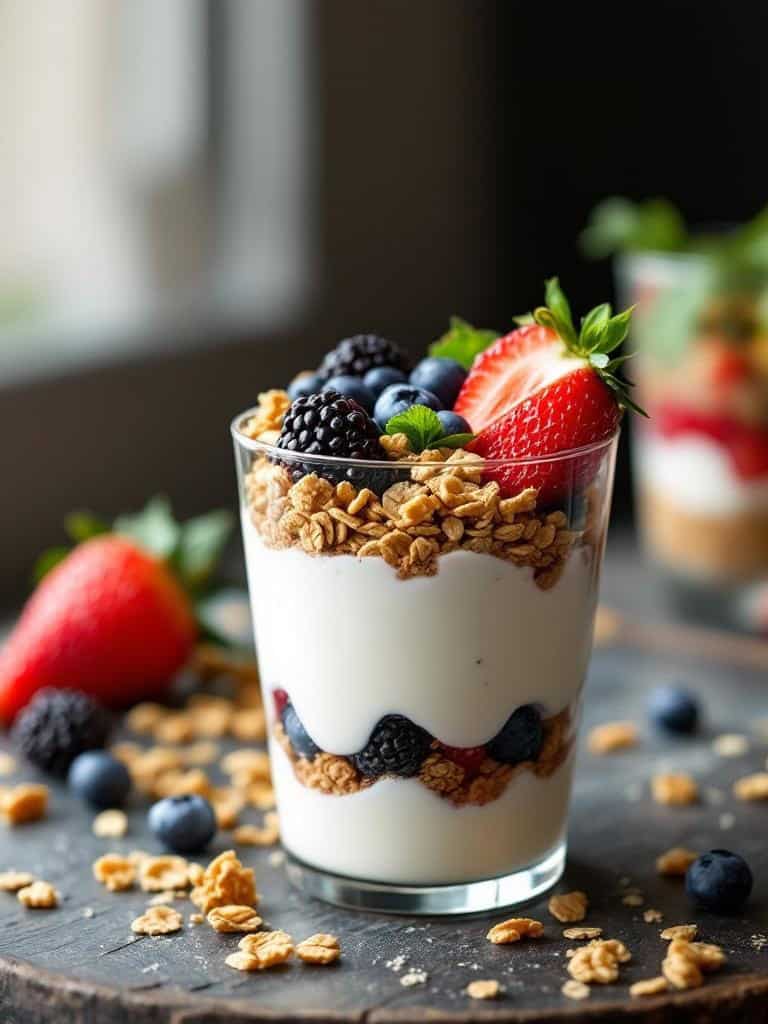 A delicious fruit and yogurt parfait with layers of yogurt, granola, and fresh berries.