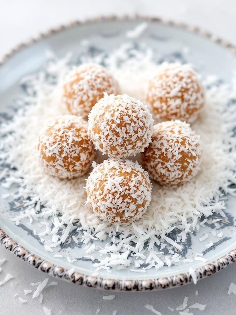 A plate of coconut energy balls coated in shredded coconut.