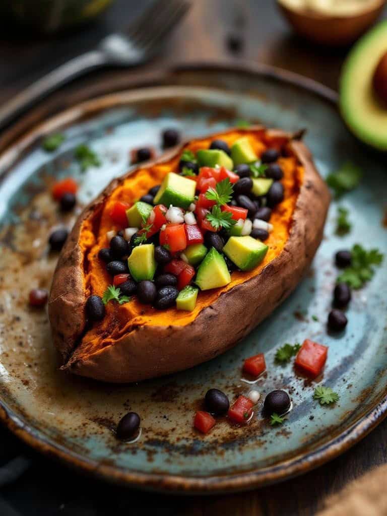 Baked sweet potato topped with black beans, diced tomatoes, and avocado on a plate.