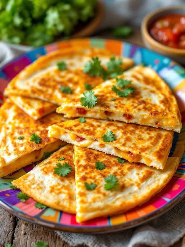 Cheese quesadillas served with salsa and garnished with cilantro.