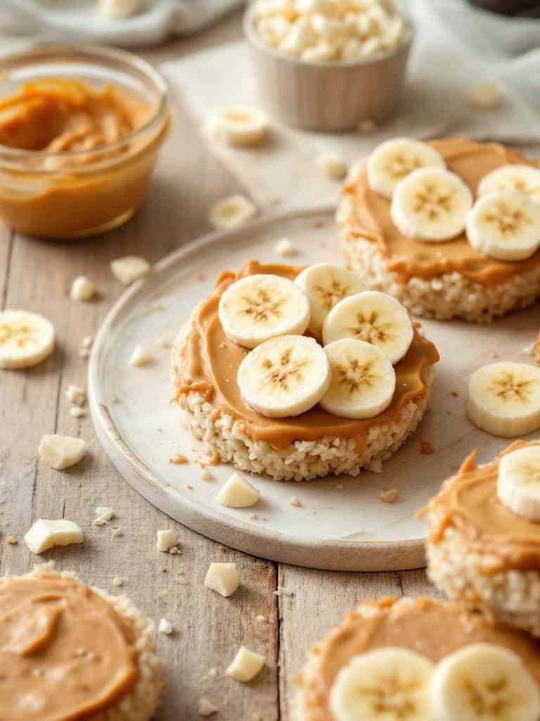 Rice cakes topped with peanut butter and banana slices on a wooden plate.