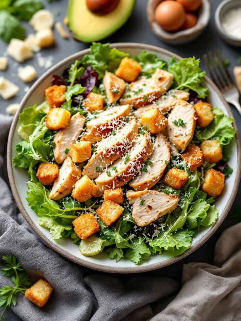 A delicious Chicken Caesar Salad with grilled chicken, croutons, and greens.