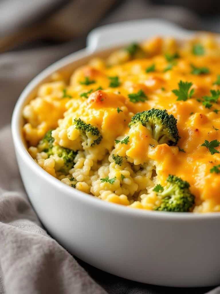A close-up of cheesy broccoli rice casserole in a white bowl, topped with melted cheese and parsley.
