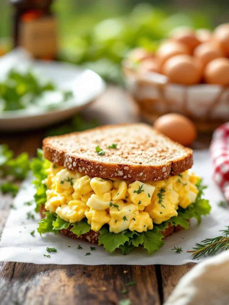 A delicious egg salad sandwich on whole grain bread with lettuce