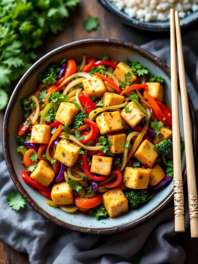 A bowl of vegetable stir-fry with tofu, featuring colorful bell peppers, broccoli, and garnished with cilantro.