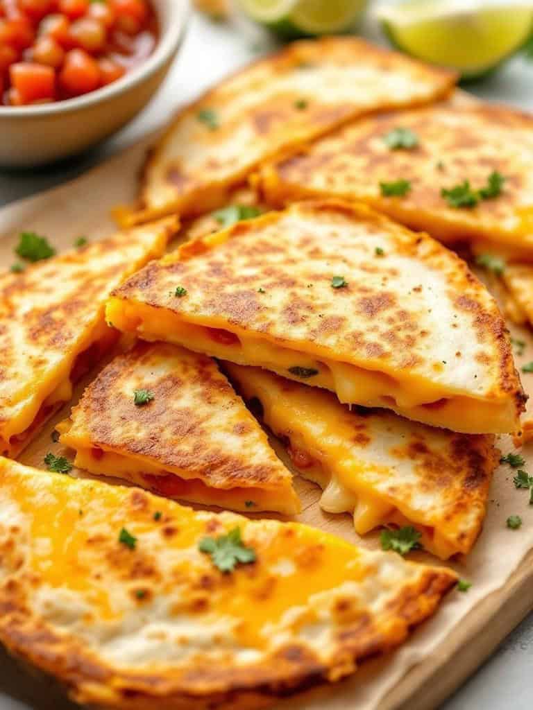 Cheese quesadillas served with salsa and lime