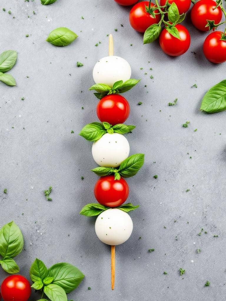 Caprese skewers with mozzarella, cherry tomatoes, and basil leaves on a stick.