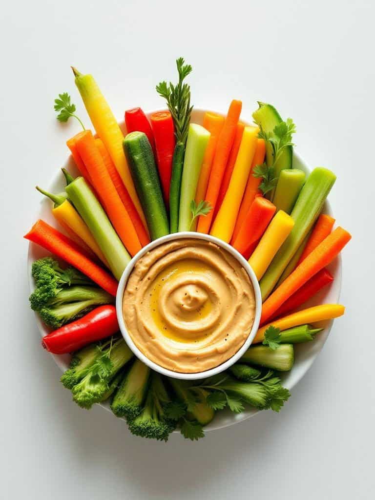 A colorful platter of fresh vegetables arranged around a bowl of hummus.
