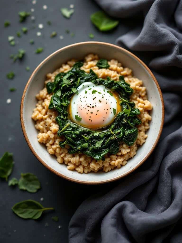 Bowl of savory oatmeal topped with spinach and a poached egg