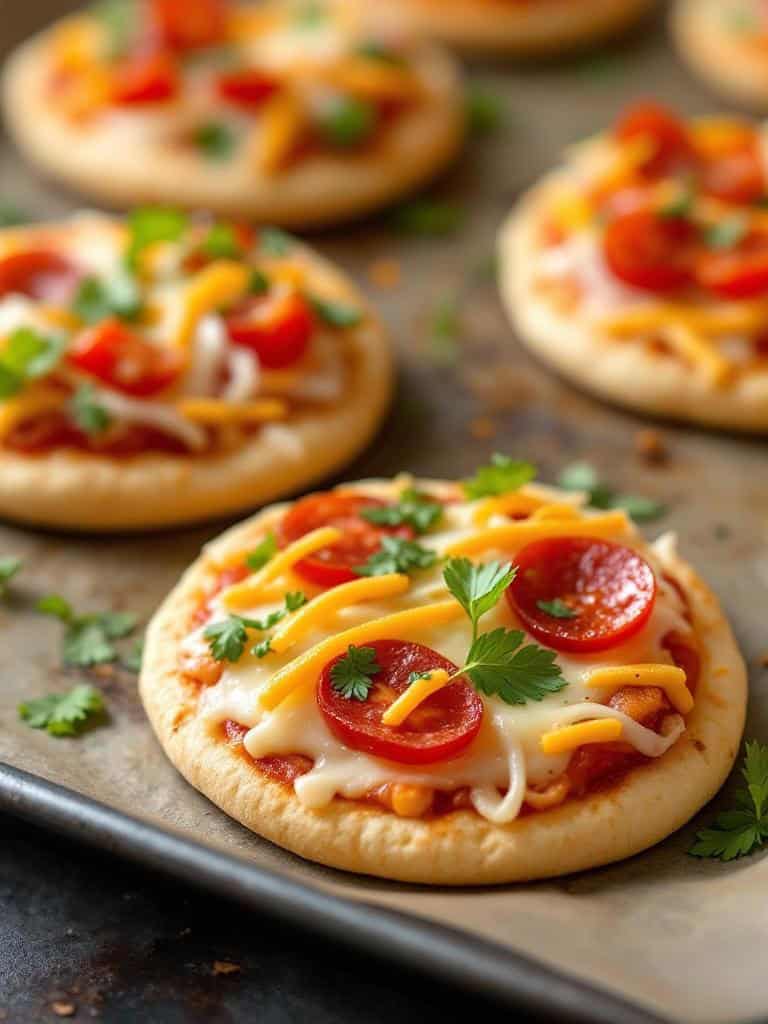 Mini pita pizzas topped with cheese, pepperoni, and herbs on a baking tray.