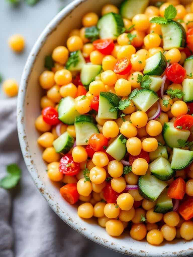 A colorful chickpea salad with cucumbers, tomatoes, and herbs in a bowl.