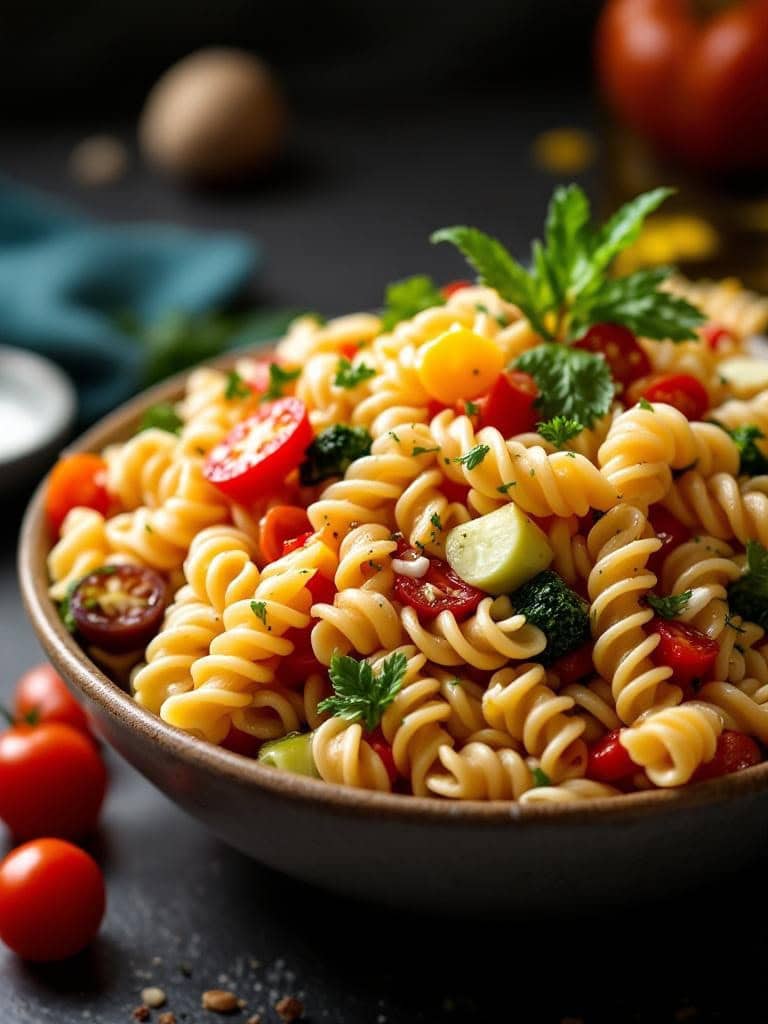 A bowl of whole wheat pasta salad with cherry tomatoes, zucchini, and herbs.