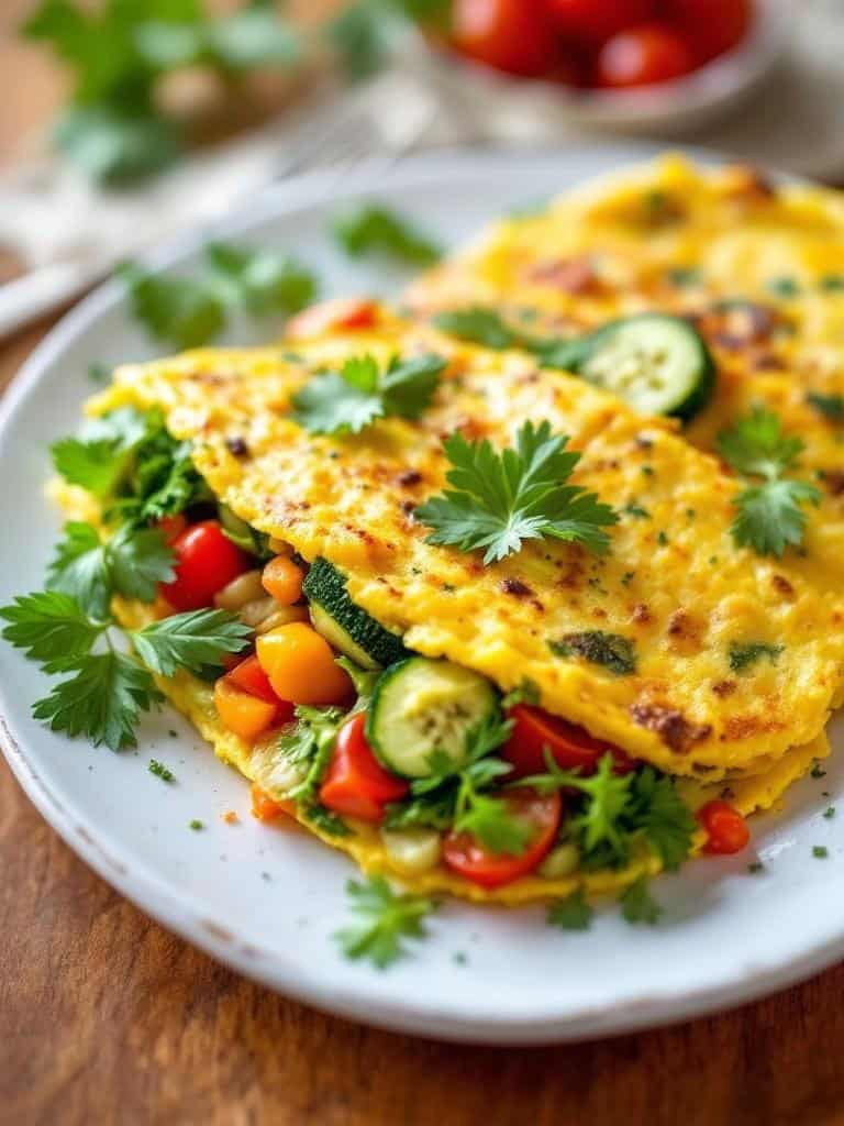 A plate of vegetable omelette slices garnished with fresh herbs and cherry tomatoes.