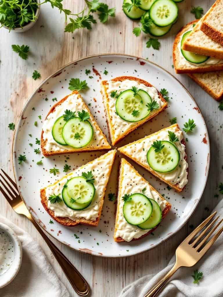 A plate of cucumber and cream cheese sandwiches cut into triangles, garnished with parsley.