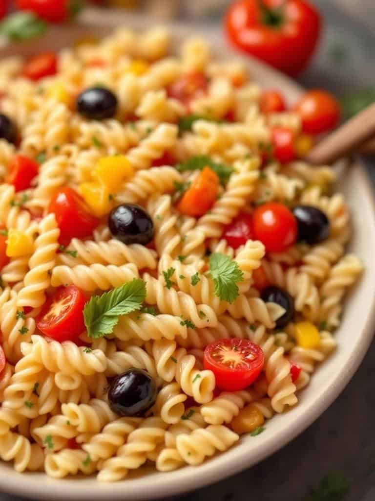 A bowl of pasta salad with colorful veggies including cherry tomatoes, bell peppers, and olives.