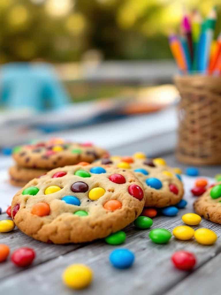 A plate of M&M's cookies with colorful candies scattered around.
