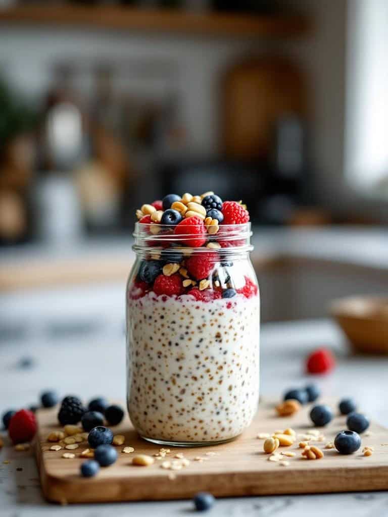 A jar of overnight oats topped with berries and nuts on a wooden board.