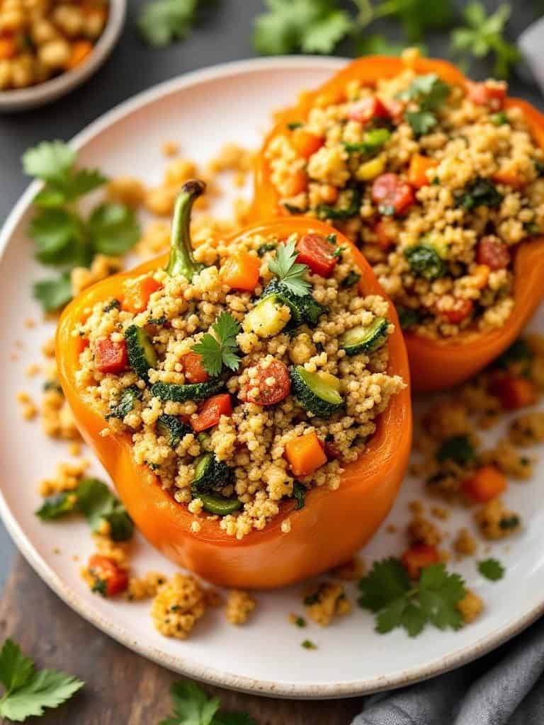 Two stuffed bell peppers filled with couscous and vegetables on a plate.
